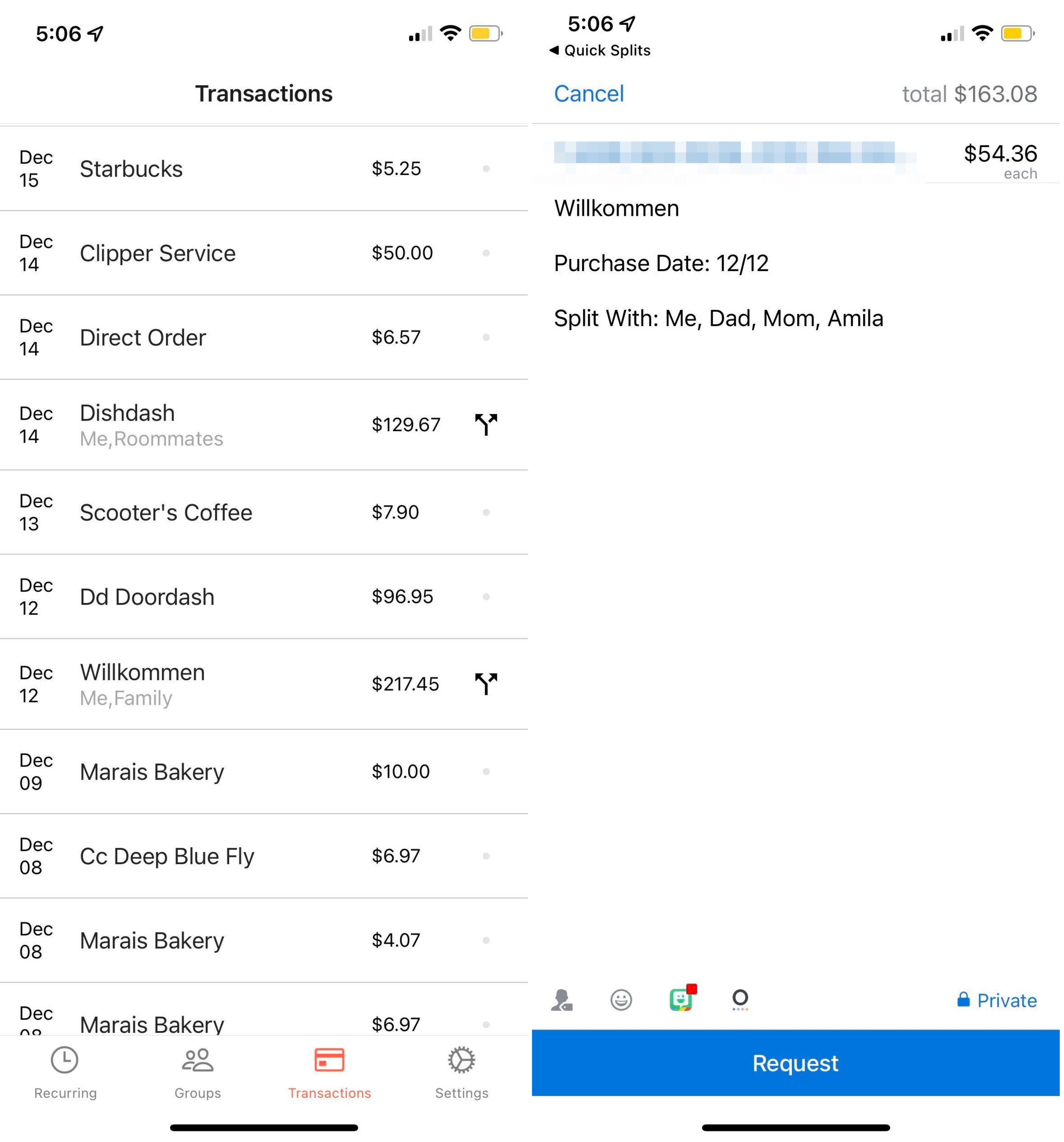 credit card transaction splitting and autogenerated venmo request